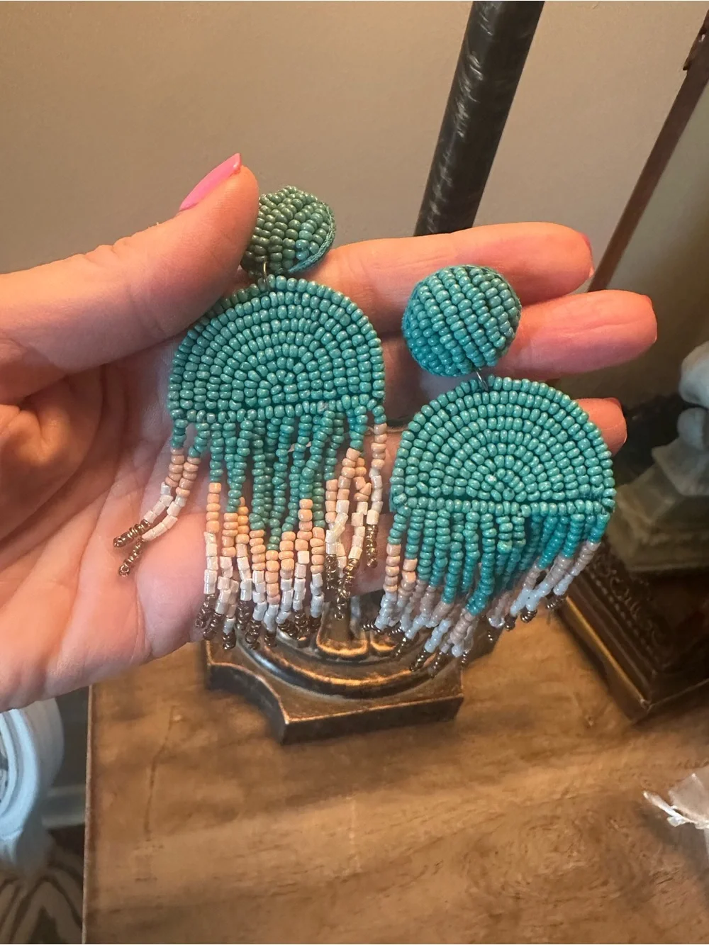 Beaded Fringe Drop Earrings - Turquoise & Tan